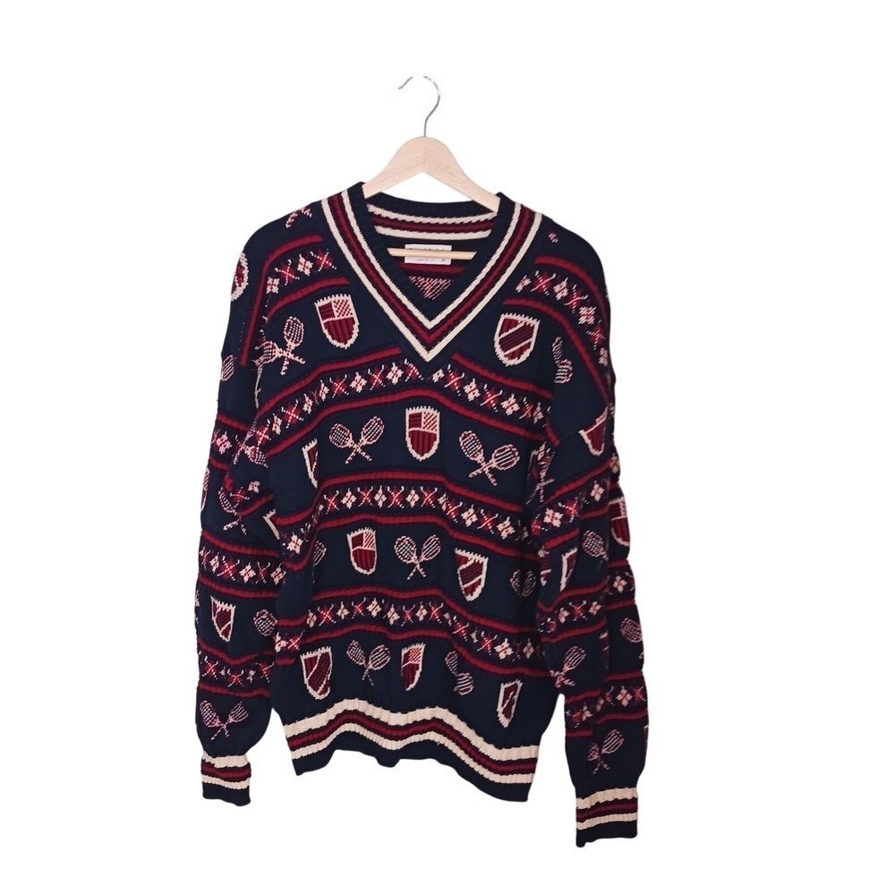 Vintage Tennis Sweater XL USA Cotton Preppy Collegiate Crest Novelty Knit - Picture 1 of 9